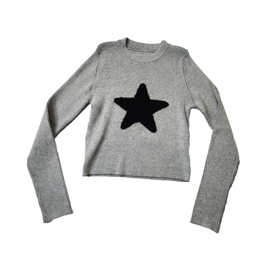 HYPERBEES GIRL RIBBED LONG SLEEVE CROPPED TOP GRAY SIZE M